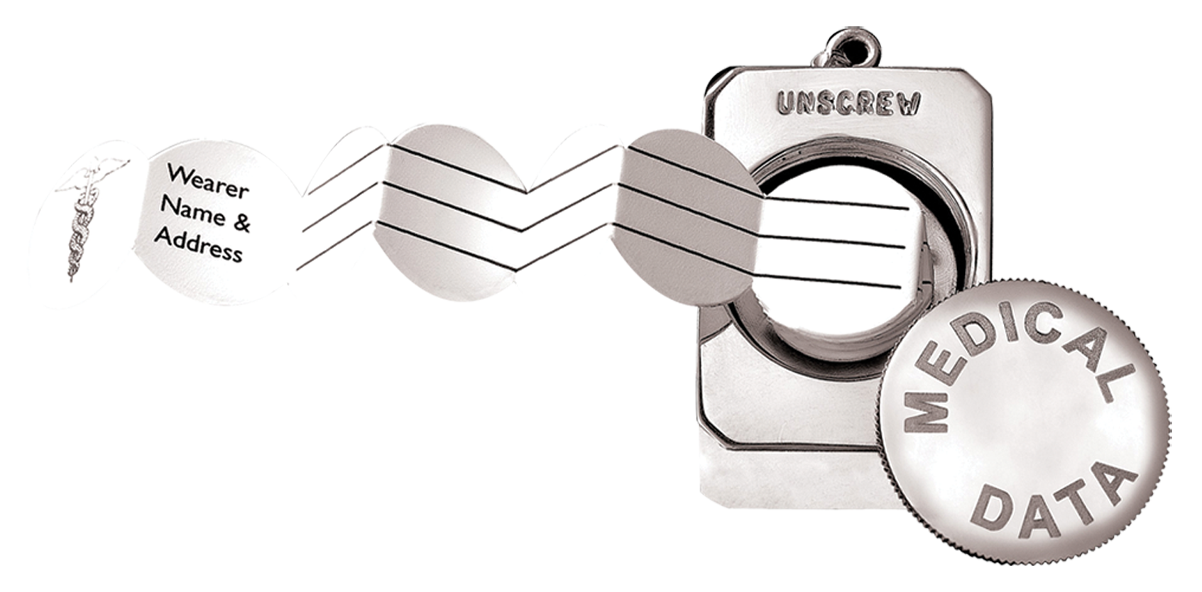 Infomedic pendant — unscrew to reveal the medical data scroll